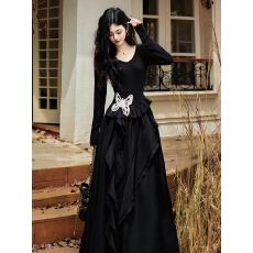 批发夕颜实拍上新 法式<b class='q'>复古</b>暗黑少女蝴蝶不规则气质小黑裙<b class='q'>长裙</b>