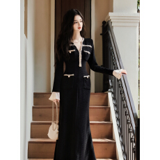 批发夕颜实拍上新 法式<b class='q'>复古</b>赫本小黑裙气质小香风<b class='q'>长裙</b>