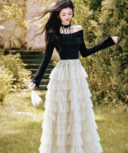 저녁 연 진짜 사진 찍기 새로운 프랑스식 보트넥 공주 생일 빛나는 다중 레이어 케이크 드레스 드레스 보내기 목걸이