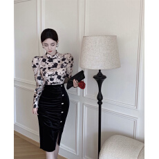 批发实拍视频 新款改良版旗袍印花拼接丝绒性感褶皱开叉收腰连衣裙