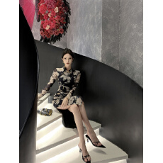 批发实拍视频  新款复古改良<b class='q'>旗袍</b>网纱印花性感开叉中<b class='q'>长款</b>褶皱连衣裙