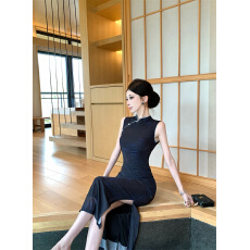 批发实拍视频 新款<b class='q'>复古</b>民国风改良旗袍网纱印花开叉中长款修身连衣裙