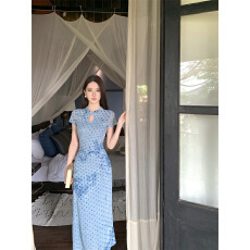 批发实拍视频    新中式国风<b class='q'>复古</b>波点改良旗袍水滴领网布印花连衣裙