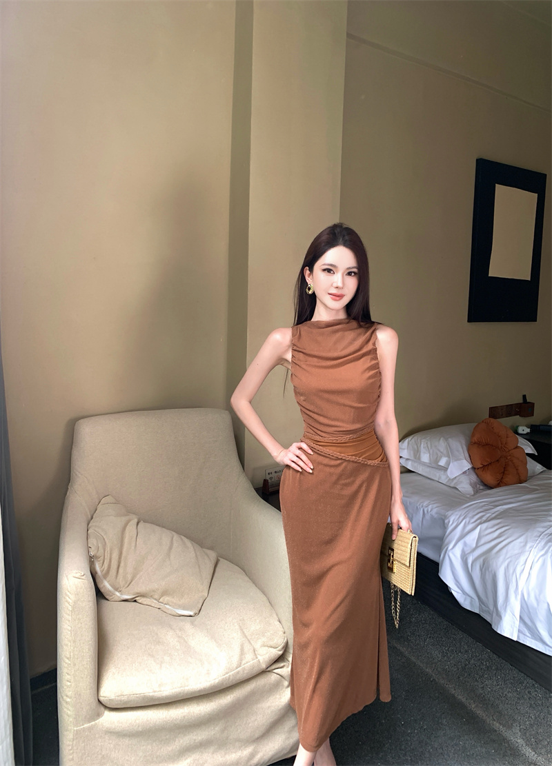 실사 비디오 새로운 프랑스식 레트로 꽈배기 드리다 메시 원단 패치워크 디자인 센스 주름 몸매 가꾸기 슬림해 보이는 드레스
