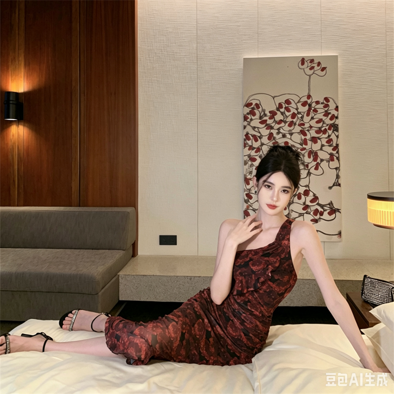 실사 비디오 새로운 프랑스식 레트로 장미 망사 프린트 섹시함 비스듬한 어깨 불규칙 타이트 스커트 드레스