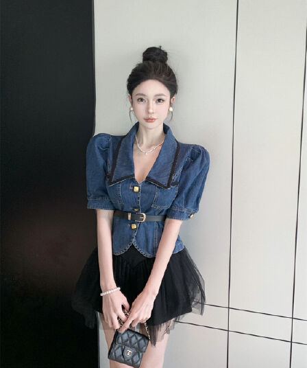 실사 비디오 새로운 패션 폴로 칼라 데님 재킷 벨트 포함 망사 치마 노출 방지 바지 세트