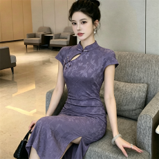 批发实拍   新款复古民国风改良<b class='q'>旗袍</b>盘口立领新品提花开叉褶皱连衣裙