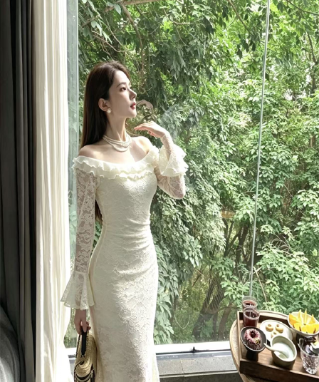 실사 지불 부드러운 바람 보트넥 레이스 나팔 긴팔 허리 수축 슬림해 보이는 품격 롱 코트 드레스