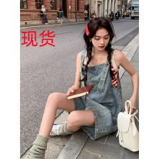 批发韩系穿搭牛仔背带短裤女2025新款夏季小个子休闲慵懒风连衣裙