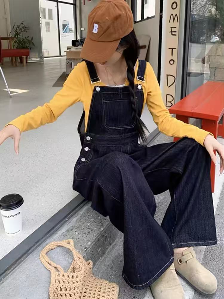 데님 멜빵 바지 여성 봄 한국 스타일 루즈핏 학생 연령 감소 하이웨이스트 슬림해 보이는 스트레이트 넓은 다리 올인원 바지 2026