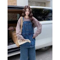 批发港风复古假两件设计感<b class='q'>牛仔</b><b class='q'>背带裤</b>女2026春秋新款俏皮可爱阔腿裤潮