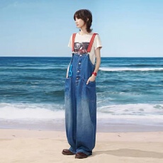 批发madgood马得工地中性复古撞色休闲松弛百搭大口袋背带<b class='q'>牛仔</b>弯刀裤