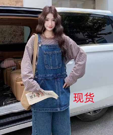 항구 바람 레트로 페이크 레이어드 디자인 센스 데님 멜빵 바지 여성 2026 봄 가을 새로운 장난기 넘치는 귀여운 와이드 레그 팬츠 트렌디