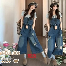 批发夏装背带裤2026新款韩版破洞七分<b class='q'>牛仔</b>背带裤小个子<b class='q'>连体裤</b>八分吊带