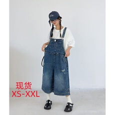 批发日系复古破洞<b class='q'>牛仔</b><b class='q'>背带裤</b><b class='q'>女</b>夏季宽松显瘦休闲百搭八分阔腿<b class='q'>裤</b>