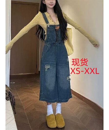 우유 부서 데님 8 점 바지 멜빵 바지 여성 여름 2026 새로운 루즈핏 연령 감소 하이웨이스트 슬림해 보이는 와이드 레그 팬츠