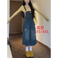 批发奶系<b class='q'>牛仔</b>八分裤<b class='q'>背带裤</b><b class='q'>女</b>夏季2026新款宽松减龄高腰显瘦阔腿<b class='q'>裤</b>