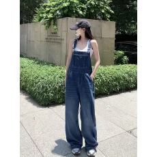 批发复古牛仔背带裤<b class='q'>女</b>秋季新款宽松高腰显瘦直筒休闲减龄阔腿连体长裤