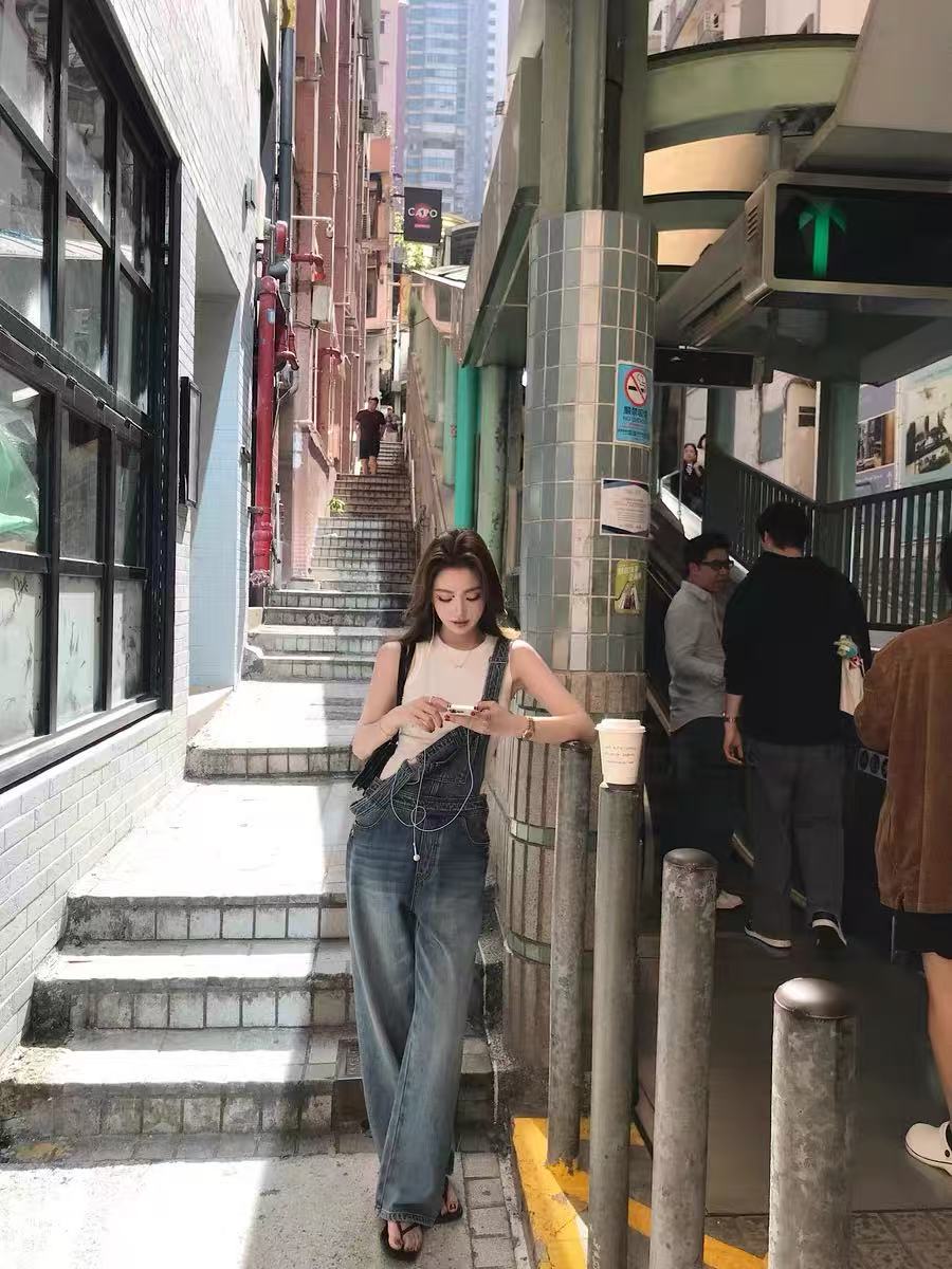 lilylikes 항구 바람 멜빵 바지 tvb 부자 소녀 거리 밖 세련된 레트로 센스 데님 멜빵 바지