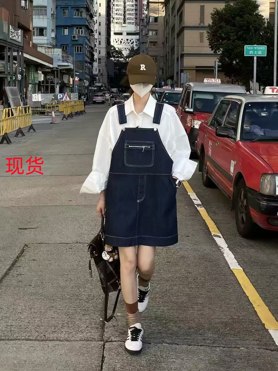 미니멀리즘 관대 한 직장 캐주얼 모두 올바른 상쾌 다용도 ~ 중 기타 주머니 데님 멜빵 스커트