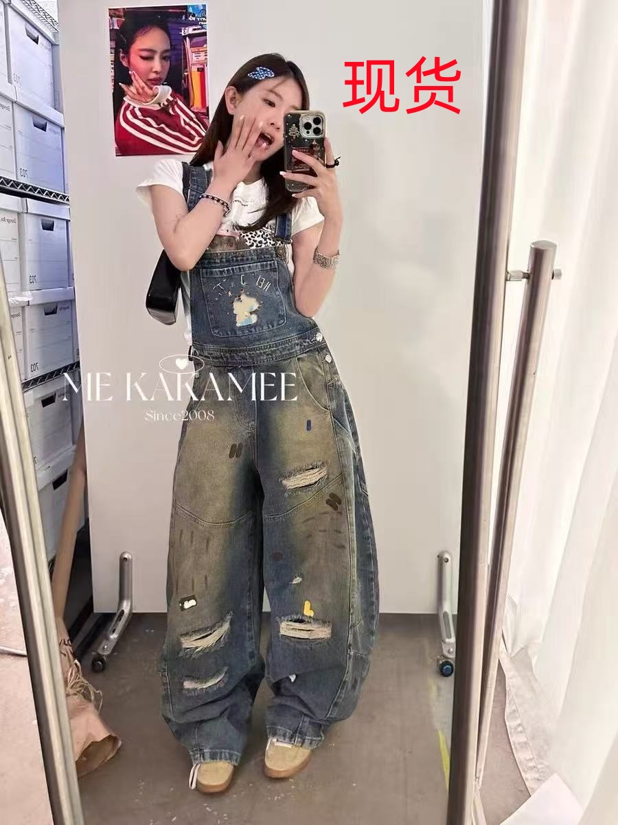 me kakamee 열세 개 봄 신제품 자수 워시 물 먹물 낙서 디자인 센스 멜빵 바지 여성