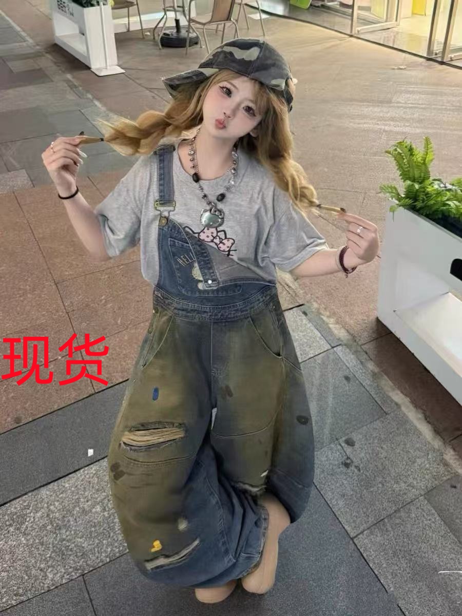 우유 소금 부서 자수 먹물 낙서 디자인 센스 찢어진 부분 데님 멜빵 바지 여성 봄 여름 루즈핏 슬림해 보이는 넓은 다리 길이 바지