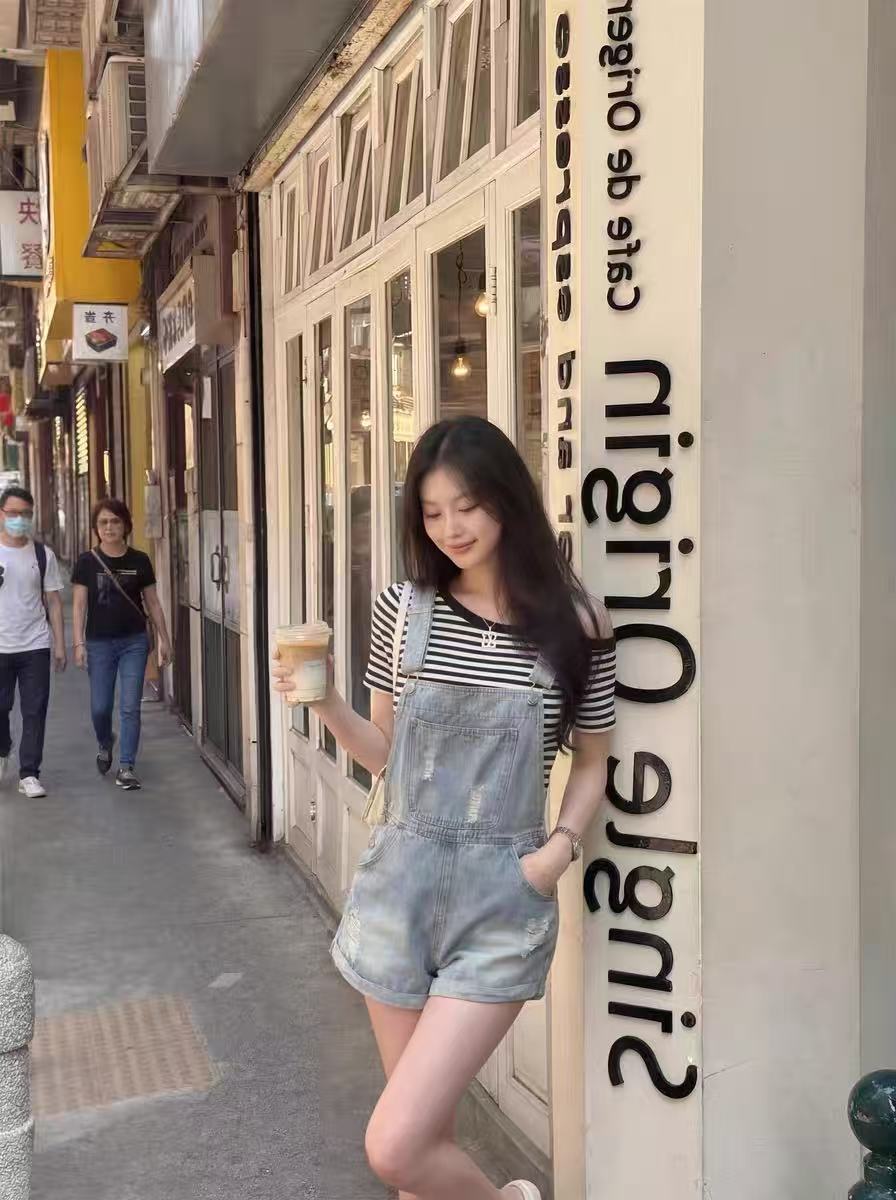 ppwudawang 한 부서 달콤한 매운맛 바람 세트 여성 여름 스트라이프 비스듬한 어깨 의류 데님 멜빵 반바지