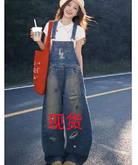 레트로 만화 자수 찢어진 워크웨어 데님 멜빵 바지 여성 봄 여름 작은 키 루즈핏 슬림해 보이는 넓은 다리 모통이 칼 바지