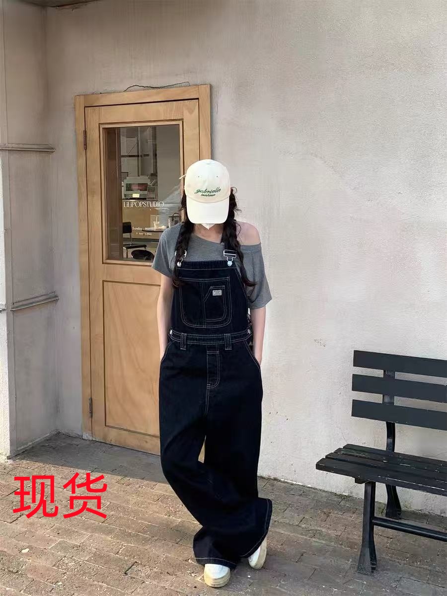 asmallshop 레트로 진한 파란색 멜빵 바지 청바지 여성 연령 감소 다용도 느긋한 바람 스트레이트 넓은 다리 길이 바지