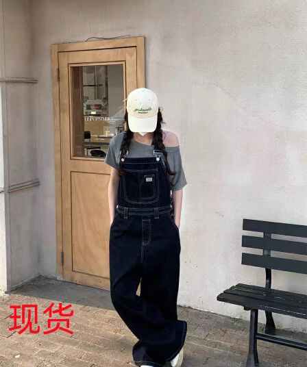 asmallshop 레트로 진한 파란색 멜빵 바지 청바지 여성 연령 감소 다용도 느긋한 바람 스트레이트 넓은 다리 길이 바지