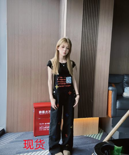 아메리칸 레트로 전체 인쇄 데님 멜빵 바지 여성 루즈핏 스트레이트 넓은 다리 바닥 청소 올인원 바지