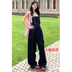 批发慵懒风深蓝色牛仔<b class='q'>背带</b>裤女夏百搭宽松减龄显瘦阔腿连体裤拖地裤子