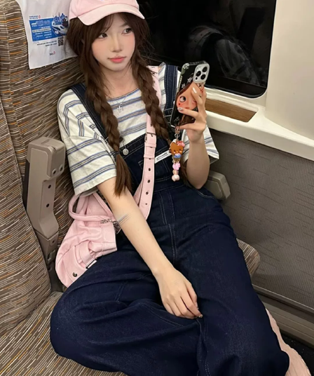아메리칸 레트로 데님 멜빵 바지 여성 여름 루즈핏 귀여운 연령 감소 작은 키 자이언트 잘 생긴 슬림해 보이는 스트레이트 팬츠