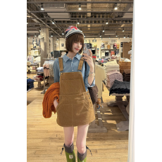 批发WearKeki 长袜子皮皮 复古灯芯绒背带连衣裙女收腰显瘦a字短裙