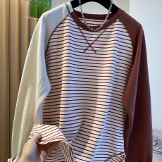 批发索罗<b class='q'>纳</b>220克天猫抖音质量！韩系高级感条纹t恤女长袖宽松圆领上衣