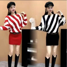 批发2025秋冬时尚气质针织<b class='q'>连衣裙</b>女红白斜条纹<b class='q'>蝙蝠</b>袖收腰显瘦包臀裙