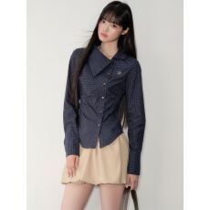 批发全棉格子深藏青斜翻领复古格纹掐腰<b class='q'>显瘦</b>长袖<b class='q'>衬衫</b>上衣女