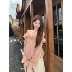 批发温柔风粉色一字肩<b class='q'>长袖</b>衬衫女秋季法式chic衬衣宽松设计感露肩上衣