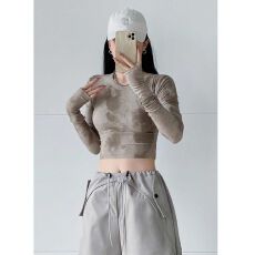 批发1*1 260克人棉莫代尔】<b class='q'>欧美</b>街头长袖高腰修身圆领露脐扎染上衣女