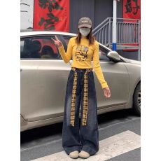 批发【非实拍】美式复古高街阔腿牛仔<b class='q'>裤</b>女显瘦高腰辣妹宽松长<b class='q'>裤</b>潮