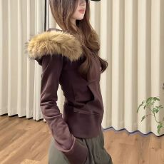 批发美式复古高街毛领<b class='q'>短款</b>连帽<b class='q'>卫衣</b>女冬季季加绒修身收腰韩系慵懒外套