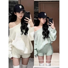 批发休闲慵懒风毛衣两件套女秋冬新款斜领露肩长袖上衣紧身<b class='q'>短裤</b>子<b class='q'>套装</b>