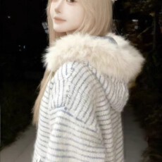 批发连帽外套新款<b class='q'>韩版</b>毛领慵懒宽松针织衫设计条纹秋冬开衫<b class='q'>毛衣</b>上衣女