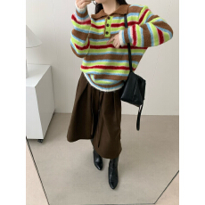 批发<b class='q'>韩版</b>十三行秋冬新款复古个性撞色条纹针织休闲长袖Polo领毛衫上衣