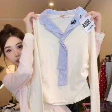 批发德绒秋冬学院风条纹领带v领<b class='q'>长袖</b>女小清新拼色刺绣衬衫领t恤修身