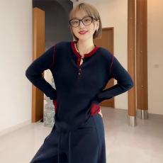 批发安迪绒撞色长袖针织衫女<b class='q'>秋装</b>新款显瘦内搭毛衣打底衫上衣