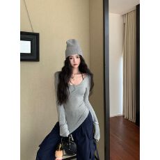 批发260克人棉<b class='q'>莫代尔</b>】纯欲风修身长袖慵懒风内搭u领百搭薄款小众上衣