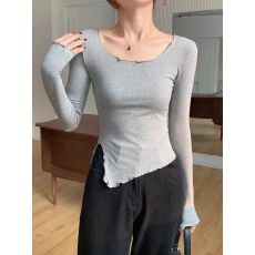 批发260克人棉<b class='q'>莫代尔</b>】辣妹黑色显瘦长袖高级感修身短款开叉百搭上衣