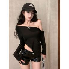 批发1*1<b class='q'>莫代尔</b> 260克】不规则黑色露肩长袖纯欲修身显瘦辣妹斜肩上衣