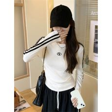 批发1*1 260克人棉<b class='q'>莫代尔</b>】撞色拼接刺绣长袖<b class='q'>T</b><b class='q'>恤</b>显白褶皱收腰辣妹上衣